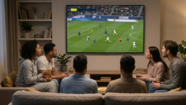 Un groupe d'amis installés dans un salon regarde un match de football en direct sur un grand écran de télévision tout en partageant des boissons et du popcorn.