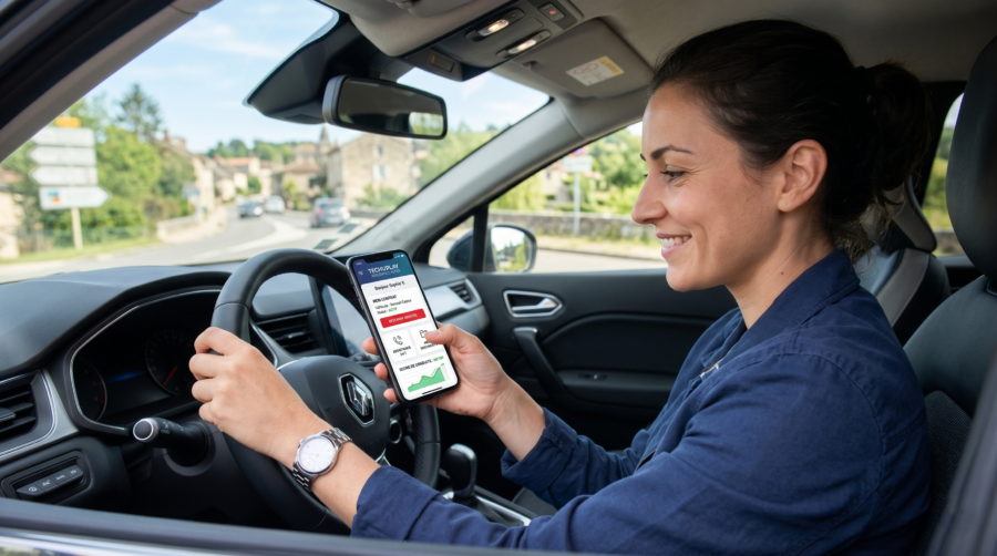 Une conductrice utilise son application assurance auto pour régulariser son dossier depuis sa place de parking.