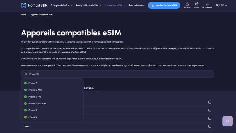 Les appareils compatibles avec l'eSIM Nomad