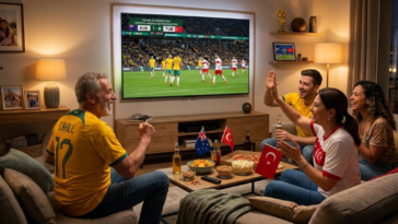 Groupe de supporters célébrant devant un match Australie contre Turquie à la télévision pendant la Coupe du Monde 2026.