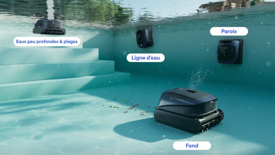Illustration sous-marine montrant les différentes zones de nettoyage du robot Beatbot Sora 30.