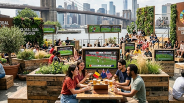 Amis profitant d'un match de football de la Coupe du Monde 2026 Belgique contre Nouvelle-Zélande dans un jardin urbain
