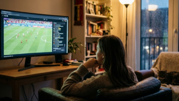Personne regardant un match de football entre la Belgique et le Sénégal sur un grand écran dans un salon.