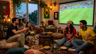 Amis regardant un match de football Brésil contre Maroc sur grand écran dans un salon chaleureux décoré aux couleurs des deux pays