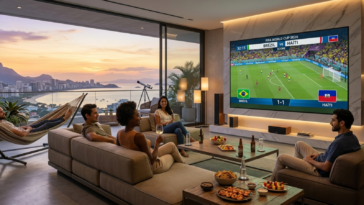 Groupe d'amis dans un salon moderne avec vue mer regardant le match Brésil vs Haïti sur grand écran