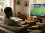 Homme assis confortablement dans son salon, regardant le match de football Côte d'Ivoire VS Norvège à la télévision