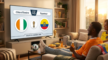 Amis regardant un match de football Côte d'Ivoire contre Équateur de la Coupe du Monde 2026 sur un téléviseur dans un salon
