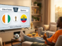 Amis regardant un match de football Côte d'Ivoire contre Équateur de la Coupe du Monde 2026 sur un téléviseur dans un salon