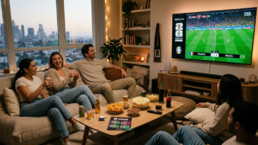 Groupe d'amis joyeux regardant un match de la Coupe du Monde de la FIFA 2026 sur un grand écran dans un salon moderne et chaleureux.