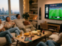 Groupe d'amis joyeux regardant un match de la Coupe du Monde de la FIFA 2026 sur un grand écran dans un salon moderne et chaleureux.