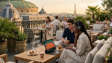 Un couple regarde le tournoi de tennis de Roland-Garros sur une tablette depuis un rooftop à Paris avec vue sur l'Opéra Garnier.