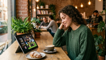 Femme regardant un match en direct du rugby Top 14 sur une tablette dans un café