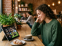Femme regardant un match en direct du rugby Top 14 sur une tablette dans un café