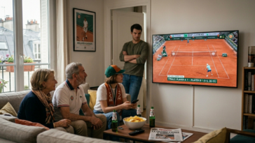 Famille et amis regardant ensemble la finale de Roland-Garros 2026 à la télévision dans un salon.