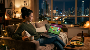 Femme sur son canapé regardant le match de football Ghana vs Panama sur son ordinateur portable.