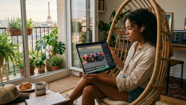 Une jeune femme regarde une course de MotoGP sur une tablette depuis son appartement à Paris avec vue sur la Tour Eiffel.