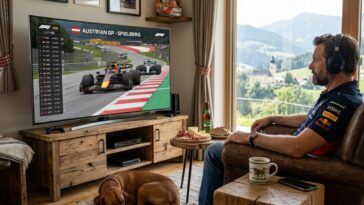Un homme avec un casque audio regarde le Grand Prix d'Autriche à Spielberg en F1 4K sur une grande télévision. Assis dans un fauteuil en cuir dans un chalet rustique, il a une vue sur les montagnes autrichiennes. Un chien dort au sol, et une collation avec de la bière locale est posée sur une table basse.