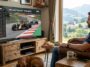 Un homme avec un casque audio regarde le Grand Prix d'Autriche à Spielberg en F1 4K sur une grande télévision. Assis dans un fauteuil en cuir dans un chalet rustique, il a une vue sur les montagnes autrichiennes. Un chien dort au sol, et une collation avec de la bière locale est posée sur une table basse.