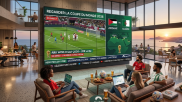 Groupe d'amis regardant le match de la Coupe du Monde FIFA 2026 Jordanie contre Algérie sur un écran géant dans un espace de coworking.