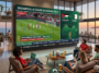 Groupe d'amis regardant le match de la Coupe du Monde FIFA 2026 Jordanie contre Algérie sur un écran géant dans un espace de coworking.