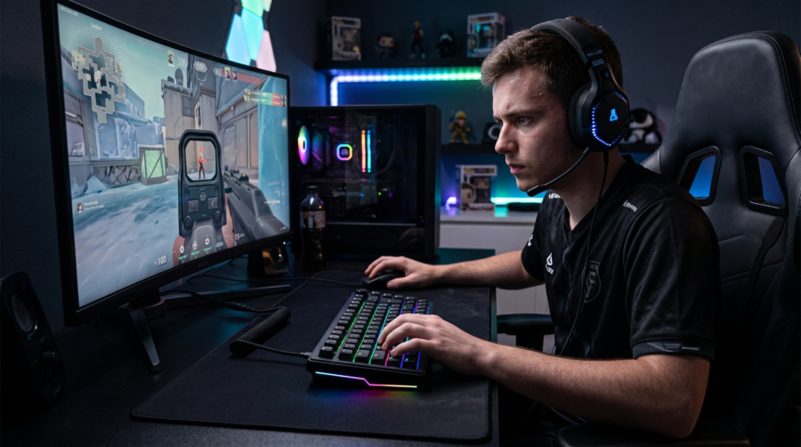 Un gamer en pleine action FPS avec le clavier mécanique KEYZ ELITE 300 HE.