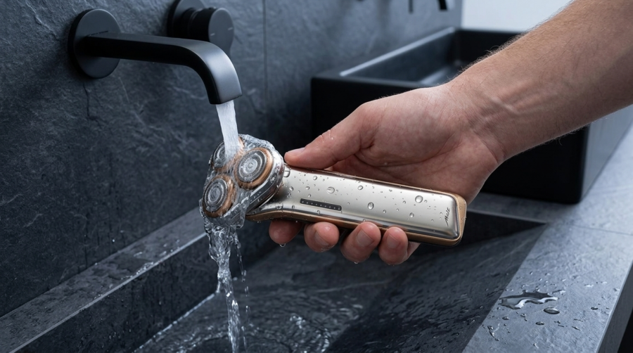 Nettoyage sous l'eau du robinet du rasoir électrique Metz Sword dans une salle de bain.