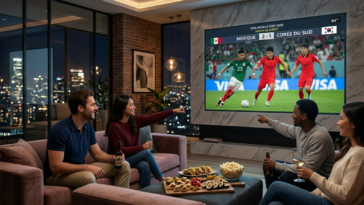 Groupe d'amis sur un canapé avec des snacks regardant le match Mexique vs Corée du Sud sur une grande télévision.