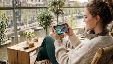 Une femme regarde la course de MotoGP des Pays-Bas sur son smartphone depuis un balcon