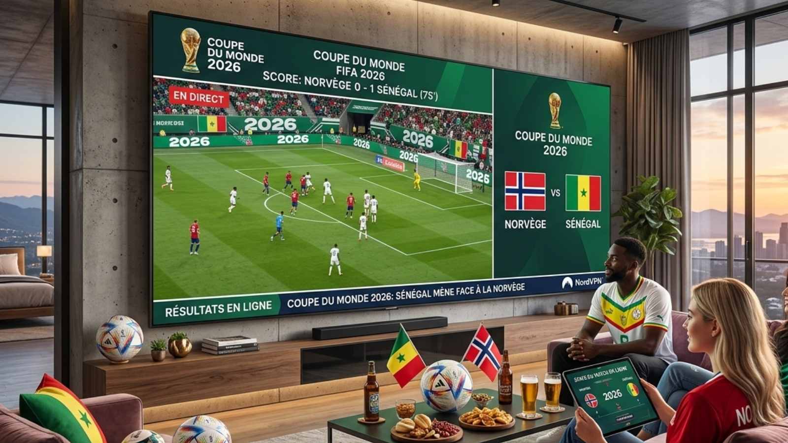 "Couple regardant le match de football Norvège contre Sénégal de la Coupe du Monde 2026 sur un écran géant dans un salon