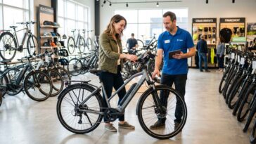Un magasin de vélos électriques moderne et lumineux, affichant des panneaux en français avec des rangées de vélos bien alignés.