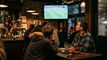 Clients dans un pub sombre regardant un match de football Pays-Bas VS Maroc sur un écran de télévision.