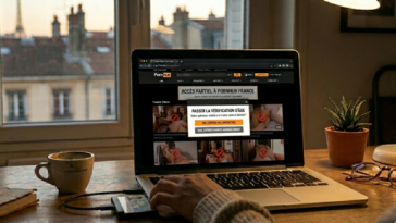 Ordinateur portable avec une fenêtre contextuelle de vérification d'âge par opérateur mobile ou carte d'identité sur le site Pornhub.
