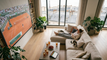 Une femme regarde un match de tennis de Roland-Garros sur un grand écran de projecteur dans son salon.