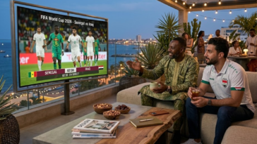"Deux hommes regardant un match de la Coupe du Monde 2026 entre le Sénégal et l'Irak sur grand écran