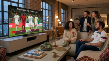 Groupe d'amis regardant un match de football Turquie vs USA à la télévision.