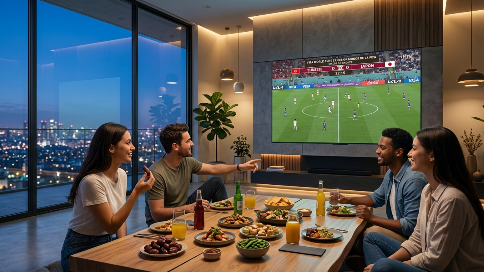 Amis partageant un repas dans un salon moderne devant le match de football Tunisie vs Japon