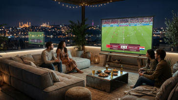 Amis installés sur une terrasse de toit en soirée devant le match de football Turquie vs Paraguay sur grand écran.