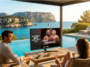 Couple profitant d'un match de combat sur écran extérieur au bord d'une piscine avec vue panoramique sur la mer.