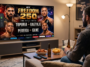 Un homme regarde l'affiche de l'UFC Freedom 250 avec Topuria, Gaethje, Pereira et Gane sur sa télévision de salon.