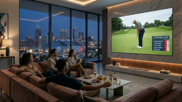 Amis installés dans un salon moderne avec vue sur la ville regardant le tournoi de golf US Open 2026 sur grand écran
