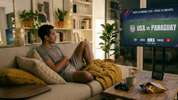 Homme détendu regardant le match USA contre Paraguay de la Coupe du Monde 2026 à la télévision depuis son salon