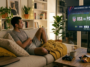 Homme détendu regardant le match USA contre Paraguay de la Coupe du Monde 2026 à la télévision depuis son salon