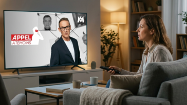 Une femme sur son canapé regarde l'émission Appel à témoins présentée par Julien Courbet sur M6 à la télévision.