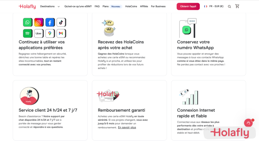 Interface de Holafly présentant ses avantages, dont le support 24/7, les HolaCoins, le remboursement et la conservation du numéro WhatsApp