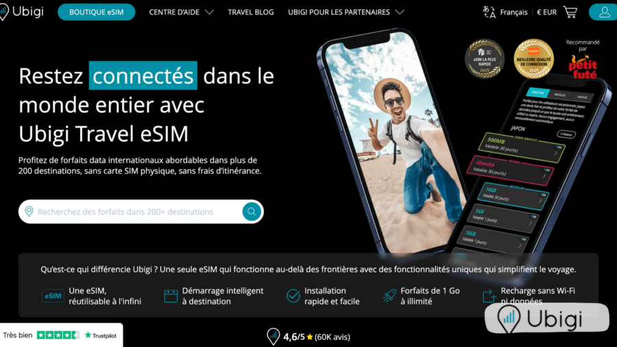 Interface d'Ubigi présentant ses forfaits eSIM de voyage pour plus de 200 destinations avec installation rapide et sans frais d'itinérance