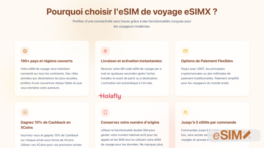 Interface d'eSIMX regroupant ses fonctionnalités, dont les paiements flexibles, les XCoins et la double SIM.