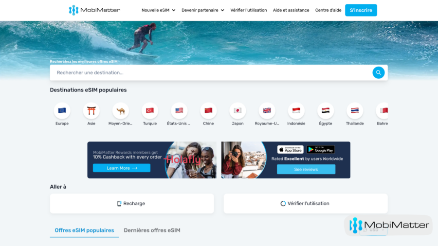 Interface de MobiMatter présentant ses offres eSIM internationales, ses destinations populaires, son programme de cashback et ses outils de gestion des forfaits