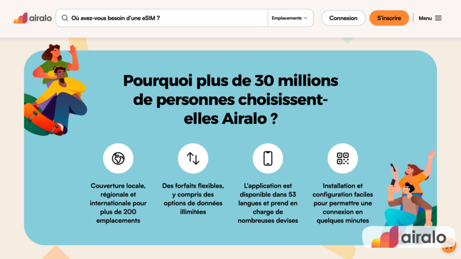 Présentation des services Airalo avec une couverture internationale, des forfaits flexibles et une activation rapide