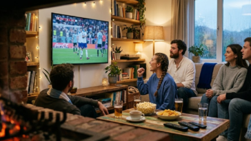 Groupe d'amis dans un salon cosy regardant le match de la coupe du monde Argentine VS angleterre