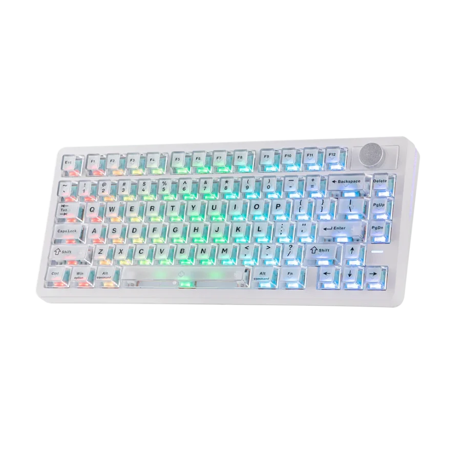 Une image claire du clavier mécanique Epomaker HE75, montrant ses touches translucides et son rétroéclairage RGB dynamique multicolore